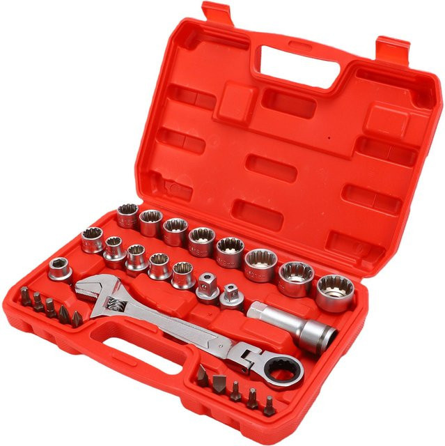 Artleeh Steckschlüsselsatz mit 72 Zähnen und Umschaltknarre in Rot, Antrieb 3/8 Zoll und 1/2 Zoll, aus Chrom-Vanadium und Edelstahl für Sechskant, Vierkant und Innenvielzahn - Bild 1