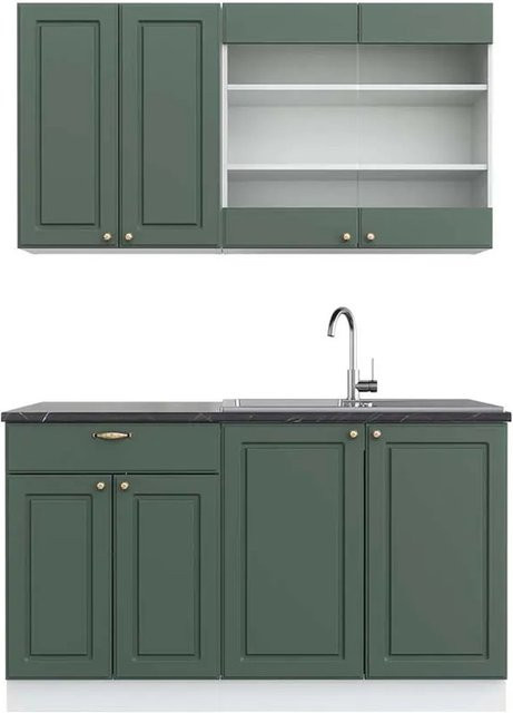 Vicco Fame-Line Singleküche im Landhausstil in Grün-Gold und Weiß mit anthrazitfarbener Arbeitsplatte, Breite: 140 cm - Bild 1