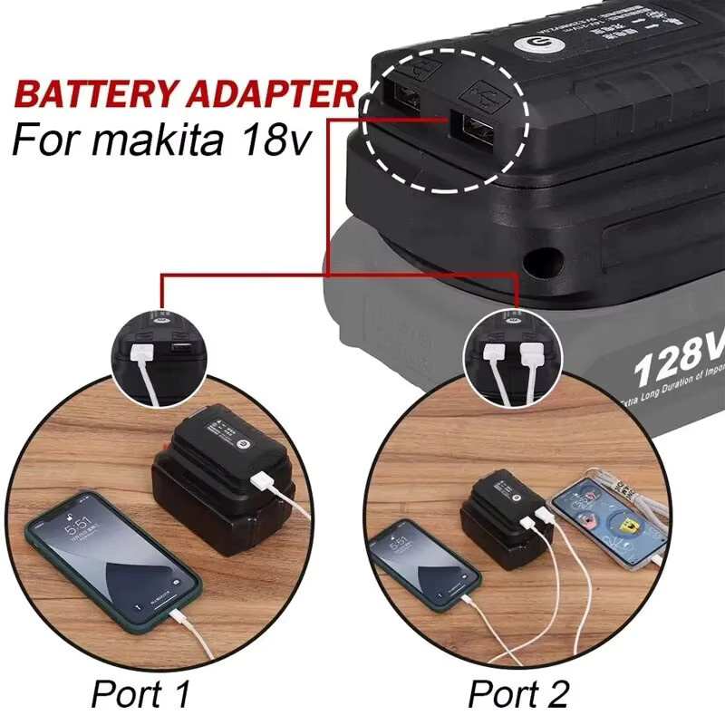 Makita Li-Ion Batterie Adapter mit Dual USB Ports und LED Arbeitslicht in Schwarz - Bild 3