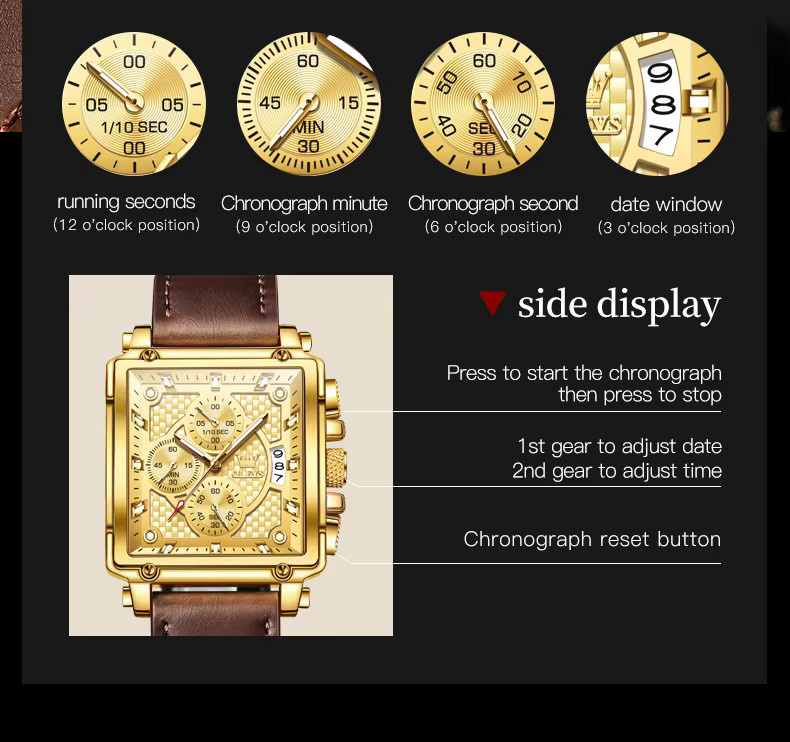 OLEVS Chronograph, Quarz, Lederarmband, Gold, 45 mm, Herren - Bild 6