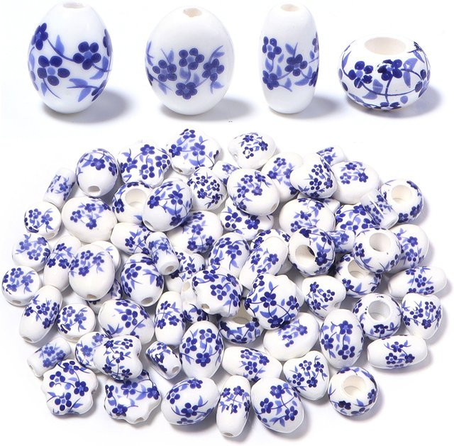 lingsai Keramikperlen, Pflaumenblütenmuster, Herz, Blume, Oval, 10 Stück - Bild 1