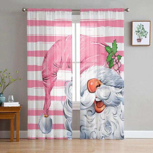Weihnachtswichtel Transparente Tüll Vorhänge mit rosa Streifen, Farbe: Pink, Breite: 135 cm, Höhe: 115 cm - Bild 1