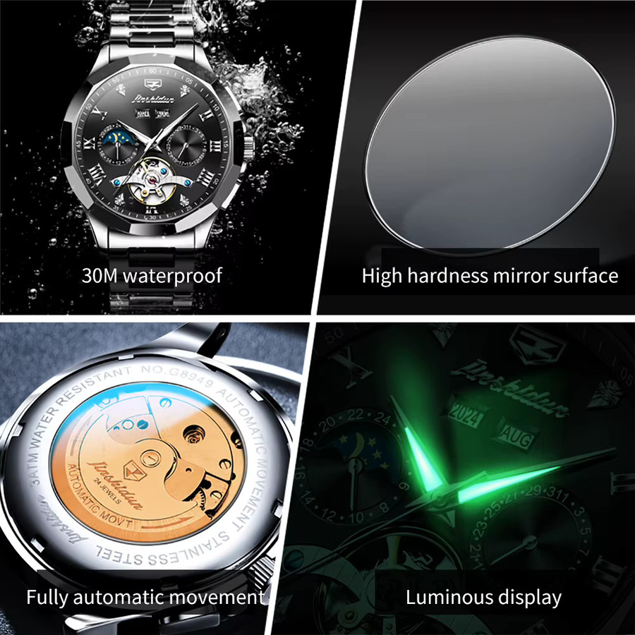 JSDUN Skelett-Chronograph, Automatik, Edelstahl, Keramikarmband, Herren - Bild 4