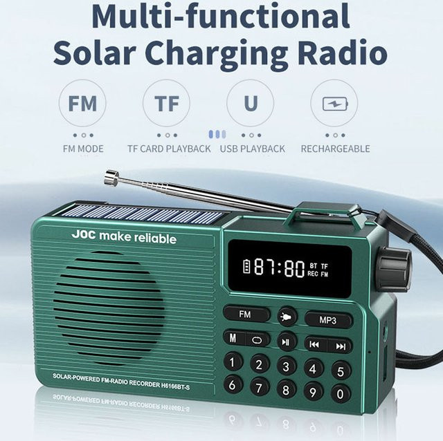 JINSERTA Mini-Notfallradio mit Solar-Ladefunktion, Bluetooth-Lautsprecher und LED-Display, FM-Radio mit Taschenlampe, unterstützt TF und USB, in Grau oder Grün - Bild 1