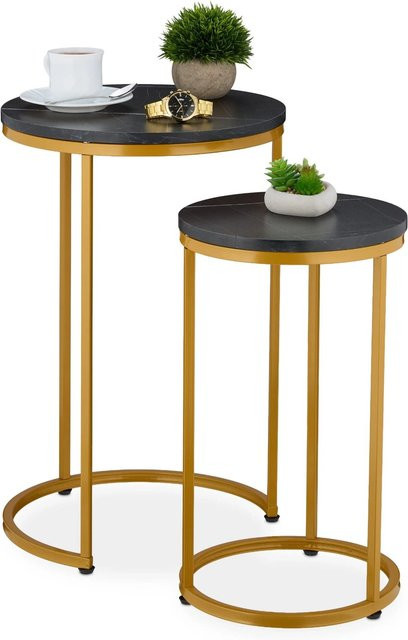 Relaxdays Satztisch 2er Set in Schwarz und Gold mit Marmoroptik, B/T/H: 61,5 x 40 x 51 cm und 51 x 30 x 40 cm - Bild 1
