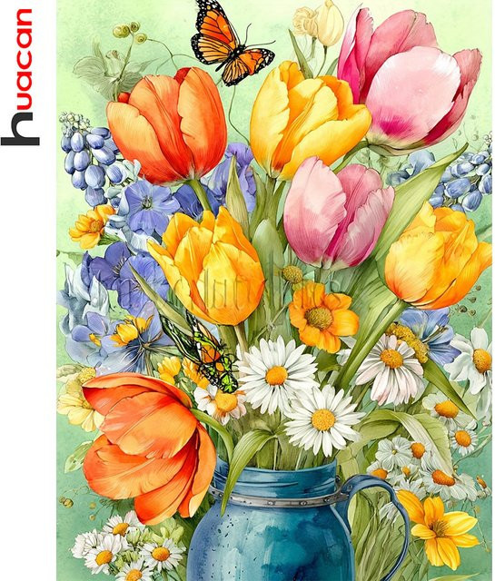 Huacan Diamant-Malerei mit Blumenmotiv Tulpe und Gänseblümchen in der Vase, Dekorative Mosaik-Kunst auf Leinwand, Mehrfarbig, B: 30,0 cm, H: 20,0 cm, T: 1,0 cm - Bild 1
