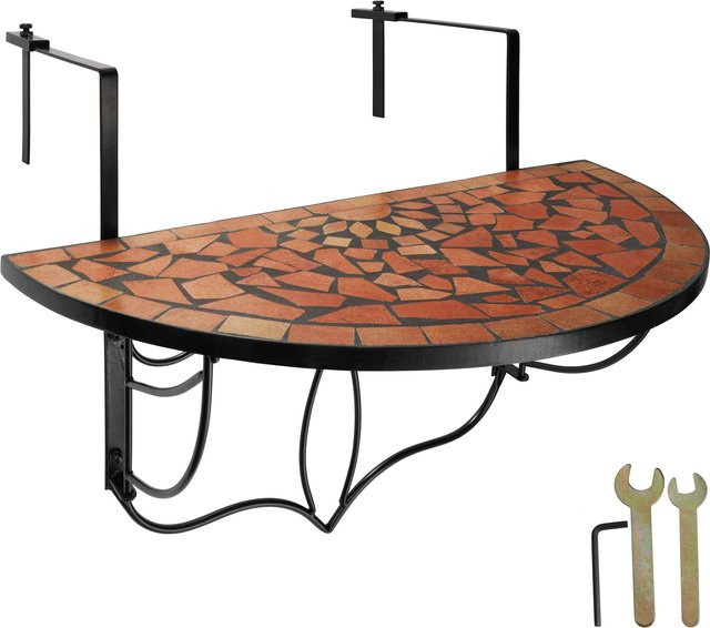 tectake Balkontisch halbkreisförmig aus Stahl mit Mosaikmuster und Zement in Terracotta, B/T/H: 75 x 65 x 62 cm - Bild 1