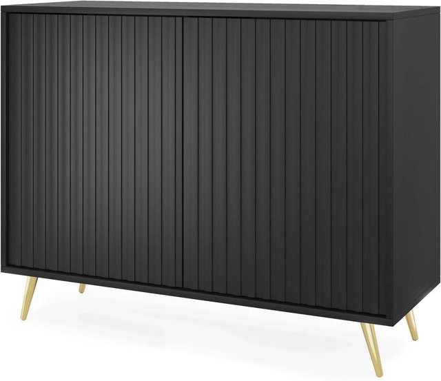 Selsey Sideboard Bello mit Lamellenfronten in Schwarz und goldenen Beinen, Breite: 104 cm - Bild 1