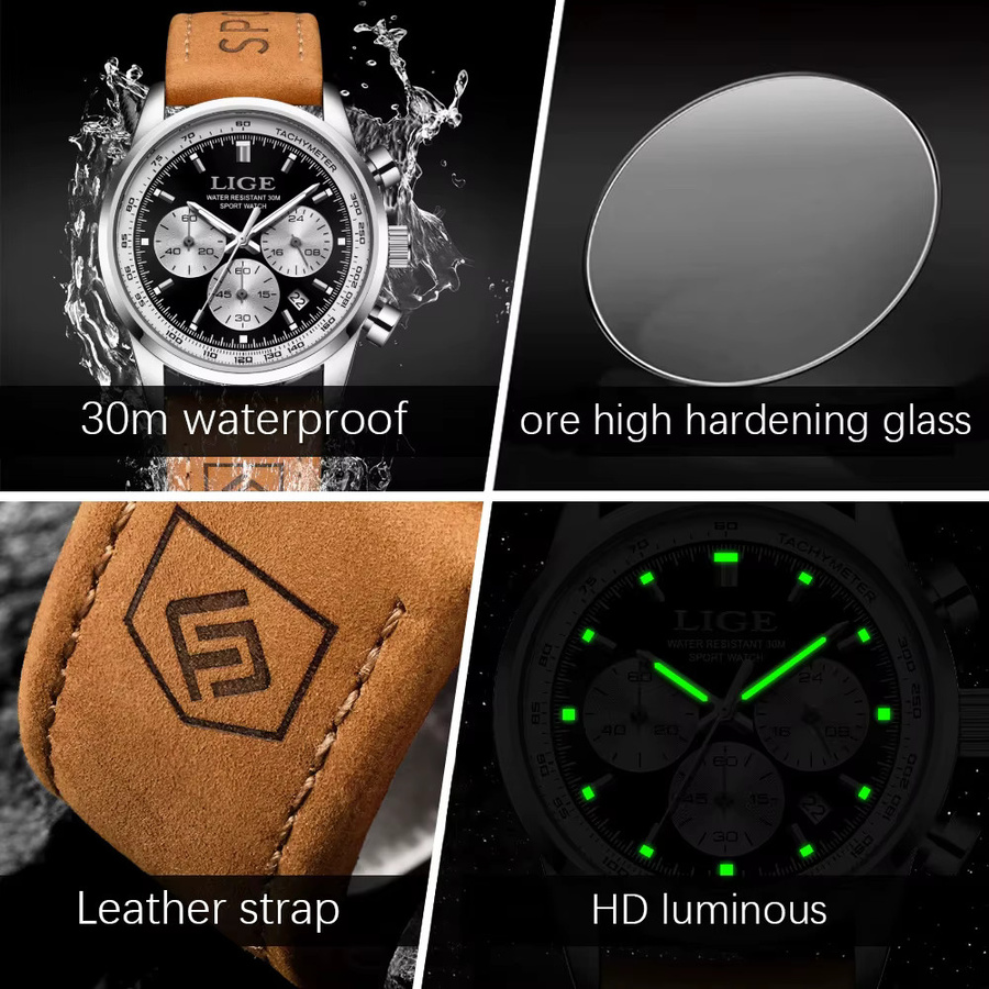 LIGE Armbanduhr Chronograph, Quarz, Leder, Schwarz, Herren - Bild 2