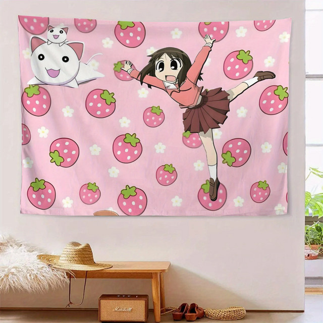 Daioh Ayumu Kasuga Wandteppich mit Erdbeer- und Blumenprint in Pink, Wandbehang für dein Schlafzimmer oder Wohnheim, B: 60 cm, H: 40 cm - Bild 1
