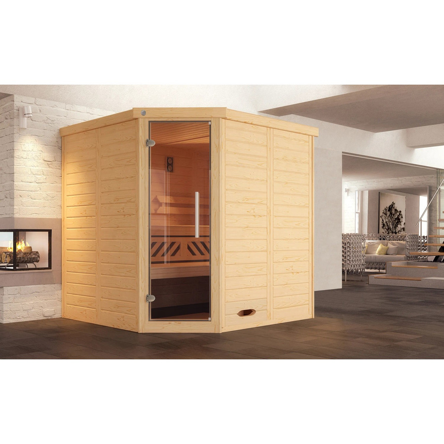 Weka Massivholzsauna Kemi Ecksauna aus Fichte mit Glastür und 7,5 kW Sparset, Farbe: Braun, B/T/H: 195 x 195 x 200 cm - Bild 2