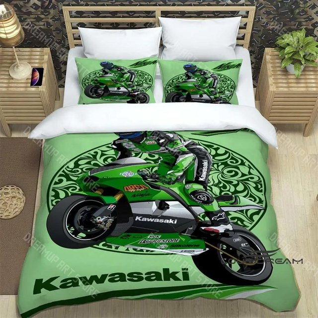 Bettwäscheset Lodestar mit Kawasaki Motorrad Logo im 3D Retro Design, Farbe Grün, B/H: 135 x 200 cm - Bild 1