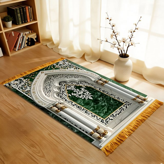VIKAMA Gebetsmatte mit grün-goldenen Bögen im Retro-Design, tragbare muslimische Gebetsmatte für die Anbetung - Bild 1