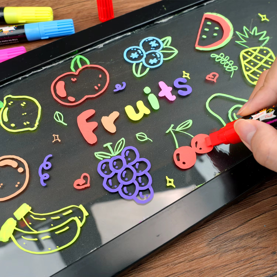 Jumbo Flüssigkreidemarker Set mit 8 Farben und 3-in-1 Spitze für Glas und Kreidetafeln, abwaschbar, 1mm/6mm Strichstärke - Bild 2