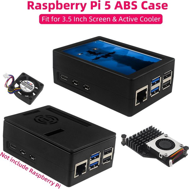 Caturda ABS-Gehäuse für Raspberry Pi 5 mit aktivem PWM-Lüfter und Unterstützung für 3,5-Zoll-Bildschirm, Schwarz/Silber - Bild 1