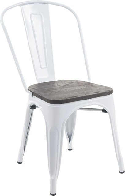 CHEFGASTRO Stapelbarer Stuhl im Industriedesign mit Ulmenholz-Sitzfläche und Metallgestell, Weiß, H 85 x B 45 x T 52 cm, Sitzhöhe 44 cm - Bild 1