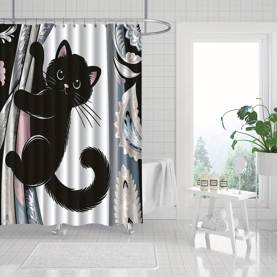 VIKAMA Duschvorhang mit schwarzem Katzenmuster in Schwarz/Mehrfarbig, Höhe: 180 cm, Breite: 90 cm - Bild 5