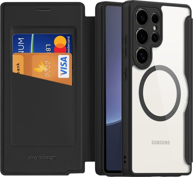 DUX DUCIS Folio-Hülle für Samsung Galaxy S25 Ultra, S25, S25 Plus und S25 Edge mit Brieftaschen-Rückseite und Magnetverschluss in Schwarz - Bild 1