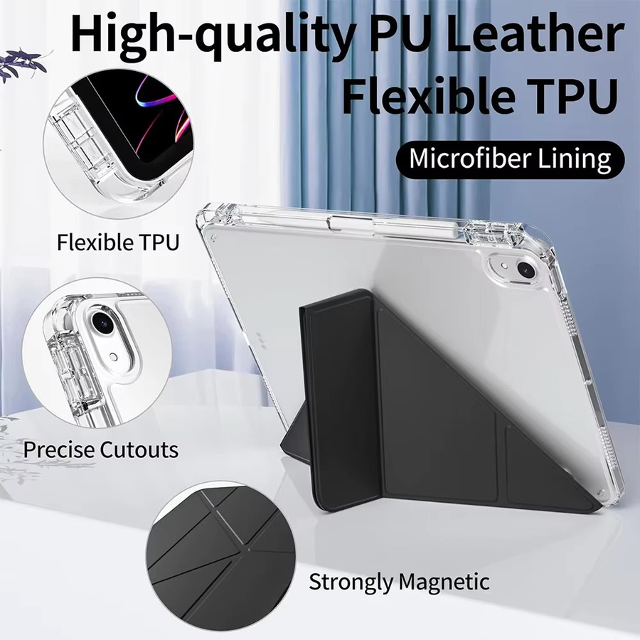 PHYLYN iPad Hülle für 11. und 10. Generation (A16) mit Stifthalter und Y-förmiger Standfunktion, transparent mit grauem TPU-Rahmen - Bild 4