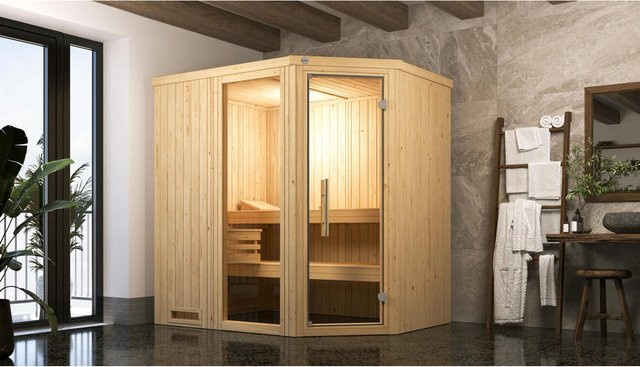 Weka Elementsauna Varberg mit Sparset 7,5 kW und Glasfront in Braun, B/H/T: 194 x 199 x 144 cm - Bild 1