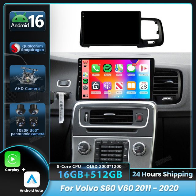 RSNAVI Android 16 Multimedia-Player Autoradio mit 2K Bildschirm und WIFI für Volvo S60 V60 2011-2020 in Schwarz - Bild 1