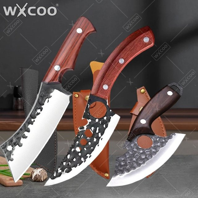WXCOO Handgeschmiedetes Metzgermesser aus Edelstahl und Kohlenstoffstahl mit Holzgriff für Fleisch und Grill - Bild 1
