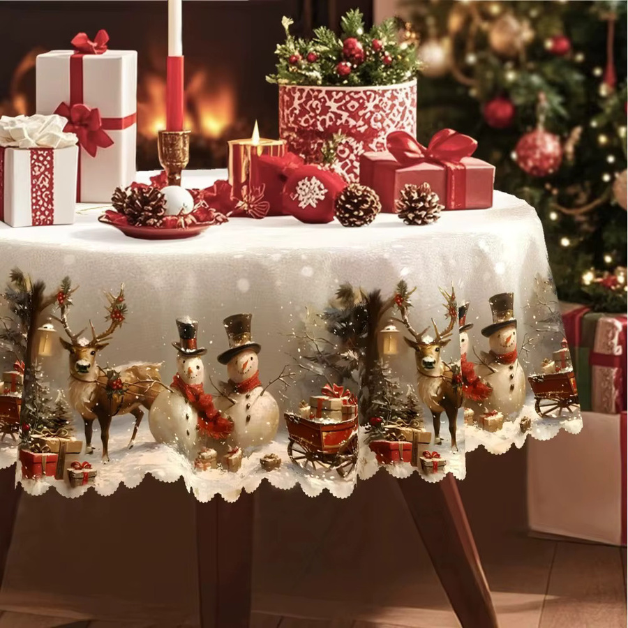 VIKAMA Vintage-Weihnachtstischdecke mit Schneemännern und Weihnachtsbäumen in Weiß - Bild 2