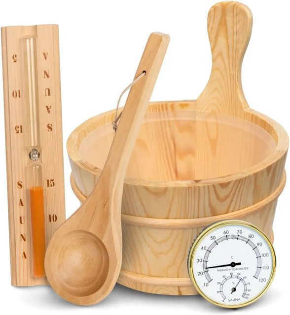 DELUKE Sauna Zubehör Set 4-teilig in Hellbraun mit Eimer, Kelle, Sanduhr und Thermometer für Wellness und Aufguss - Bild 1