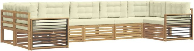 vidaXL Outdoor-Sofagarnitur aus Akazienholz in L-Form, 7-teilig, Weiß und Beige mit Kissen - Bild 1