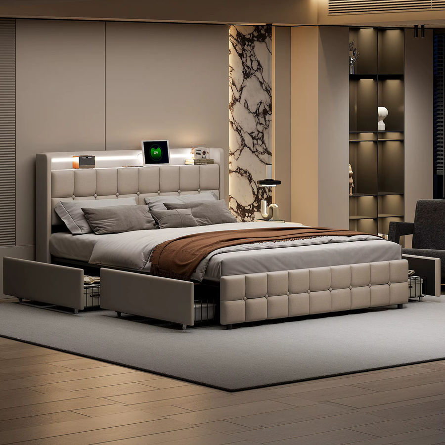 Anajqaqia Gepolstertes Doppelbett mit 4 Rollschubladen und Kopfteil in Beige, B/T: 180 x 200 cm - Bild 2