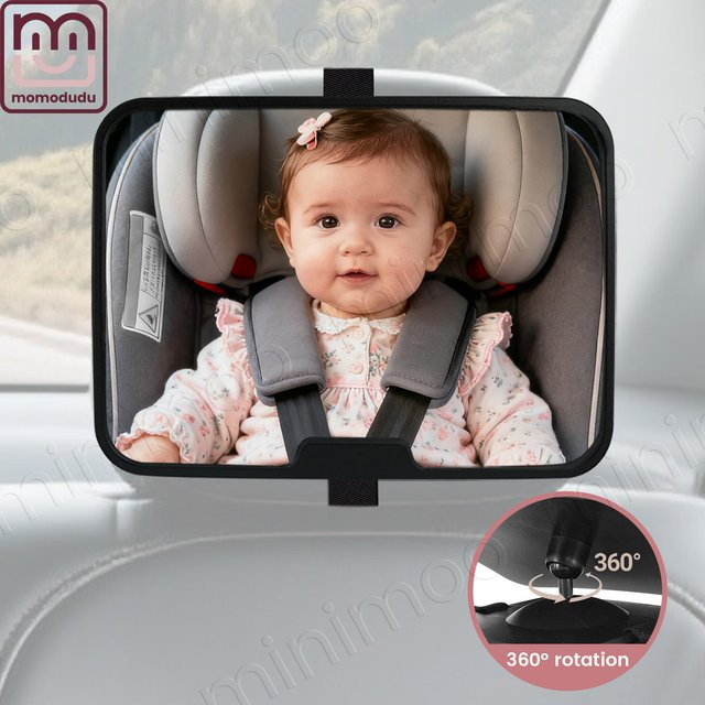 momo&dudu 360 Grad drehbarer Babyautospiegel in Schwarz mit weitem Sichtfeld und bruchsicherem Design - Bild 1