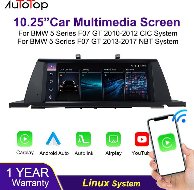 AUTOTOP Carplay Multimedia-System mit 10,25 Zoll Linux-Touchscreen für BMW 5er F07 CIC/NBT 2010-2017 inklusive Android Auto, Bluetooth und Airplay in Schwarz - Bild 1