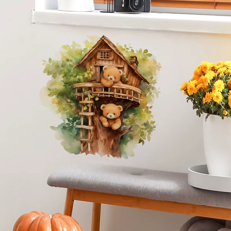 BRUP Wandtattoo Cartoon-Bär mit Baumhaus Motiv in Mehrfarbig für Kinderzimmer und Wohnzimmer - Bild 3