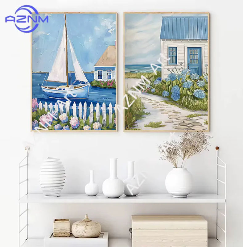 KAYOU Vintage Leinwandbild in Blau mit maritimem Segelboot, Muscheln und floralen Hortensien als Wandkunst für dein Zuhause - Bild 2