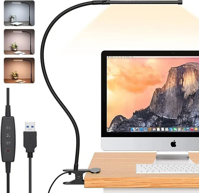 Mzvul Clip-on LED Schreibtischlampe in Schwarz, dimmbar mit flexiblem Schwanenhals und USB-Anschluss als augenschonendes Leselicht oder Nachtlicht - Bild 1