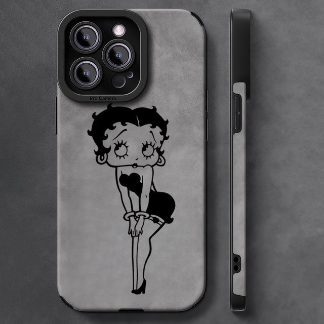 Stoßfeste Leder-Lammfell-Handyhülle mit Boop Charm B-BettyS von Potdemiel für iPhone 17, 16 Pro Max, 15, 14, 13 Max in Schwarz und Grau - Bild 1