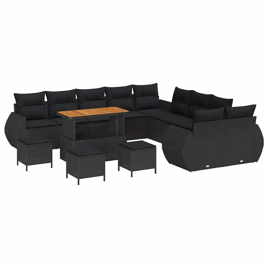 vidaXL Garten-Sofa-Set 14-teilig aus Poly-Rattan und Akazienholz in Schwarz mit Polstern und Tisch - Bild 2