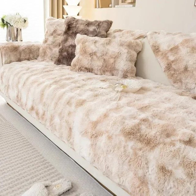 Rutschfeste Kaninchen Plüsch Sofa Abdeckung in Beige, warme Fleece Sofa Decke für dein Wohnzimmer, B/T: 70 x 90 cm - Bild 1