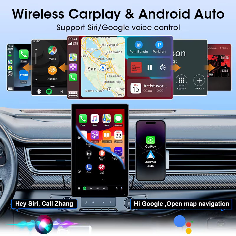Jansite Tragbarer Carplay Bildschirm mit Bluetooth und GPS, Kabelloses Android Auto Autoradio in Schwarz mit magnetischer Halterung und drehbarem Display - Bild 3