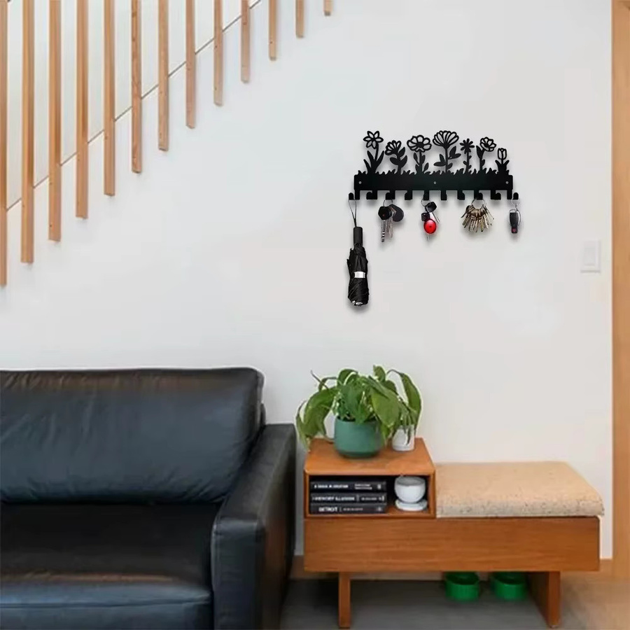 CIFBUY Wandmontierter Schlüsselhalter aus Metall mit Blumendesign und Haken in Schwarz - Bild 4