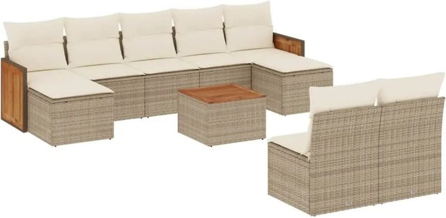 vidaXL 10-teilige Garten-Sofagarnitur aus Poly-Rattan und Akazienholz in Beige-Creme mit Kissen - Bild 1
