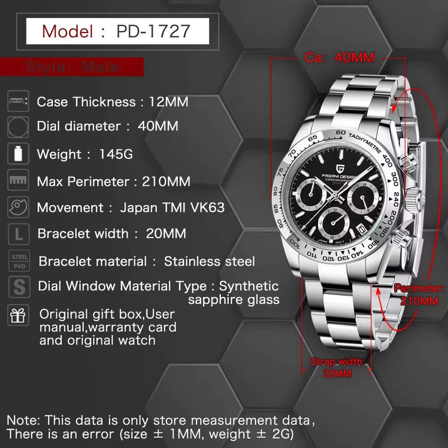 PAGANI DESIGN Chronograph, Edelstahl, Quarz, 40 mm, Herren, Schwarz - Bild 5
