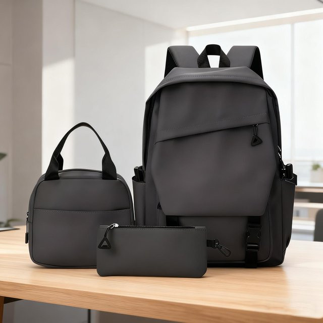 BagHaven 3-in-1 Wasserdichtes Schulrucksack-Set mit Laptop-Rucksack, Brotdose und Federmäppchen in Grau - Bild 1