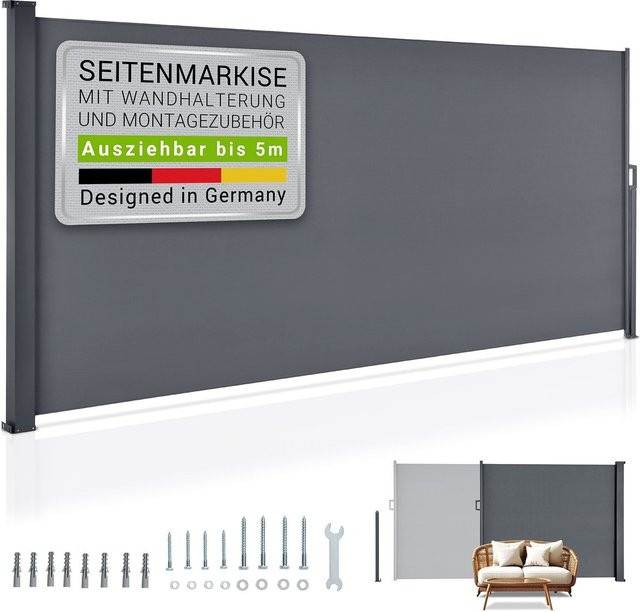 Juskys Seitenmarkise Dubai ausziehbar blickdichter Sichtschutz für Garten und Terrasse in Anthrazit B: 500 cm, H: 180 cm - Bild 3