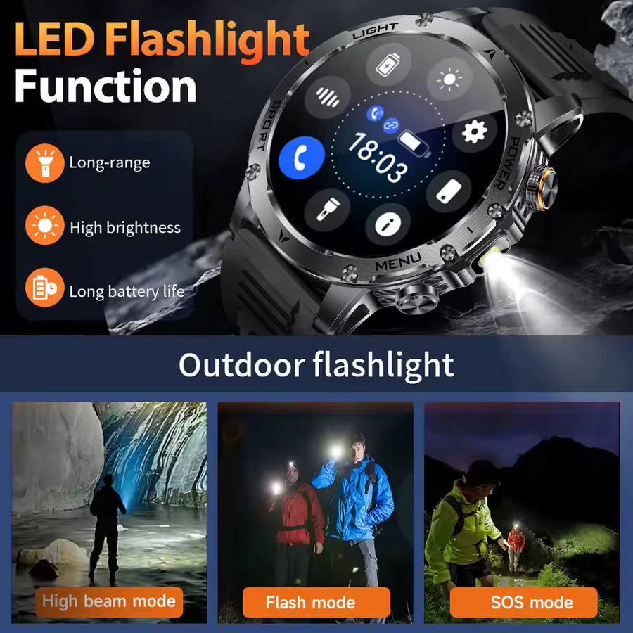 GUHUAVMI Smartwatch für Herren in Schwarz mit 1,7 Zoll AMOLED-Bildschirm, Bluetooth-Anruf, Herzfrequenzmessung und wasserdichtem Outdoor-Militär-Design mit 1000mAh Akku - Bild 7