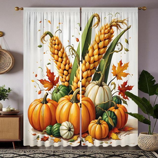2er-Set dekorative Vorhänge mit Erntedankfest-Motiv Weizen Kürbis und Ahornblatt in Rot Gelb und Orange, Breite: 132 cm, Höhe: 160 cm - Bild 1