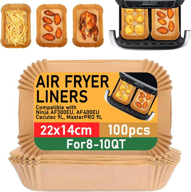 100 Stück Einweg Heißluftfritteusenpapier für Dual Zone, Antihaft-Backpapier für Ninja AF300EU und AF400EU, braun, B: 22 cm, T: 14 cm - Bild 1