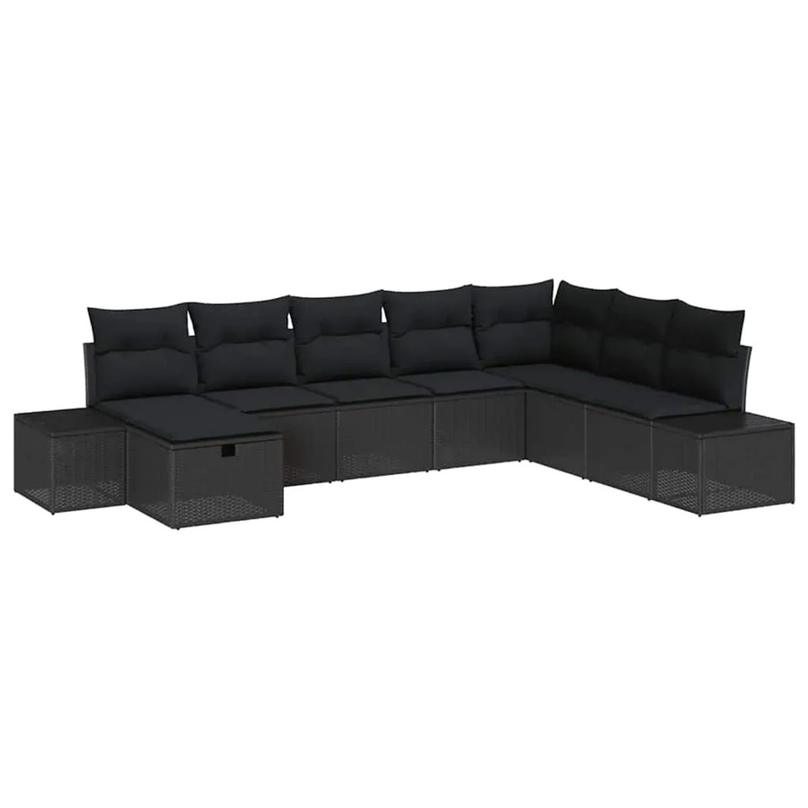 vidaXL Garten-Sofa-Set in U-Form aus Polyrattan und Metall, 8-teilig, Schwarz mit Kissen und Ottomane - Bild 2