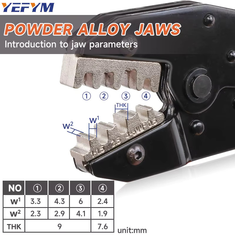 YEFYM Crimpzange HX-03B Ratschenzange für nicht isolierte offene Zylinderklemmen, AWG 20-10 (0,5–6 mm2), für 2,8/4,8/6,3-Steckverbinder, Schwarz - Bild 2