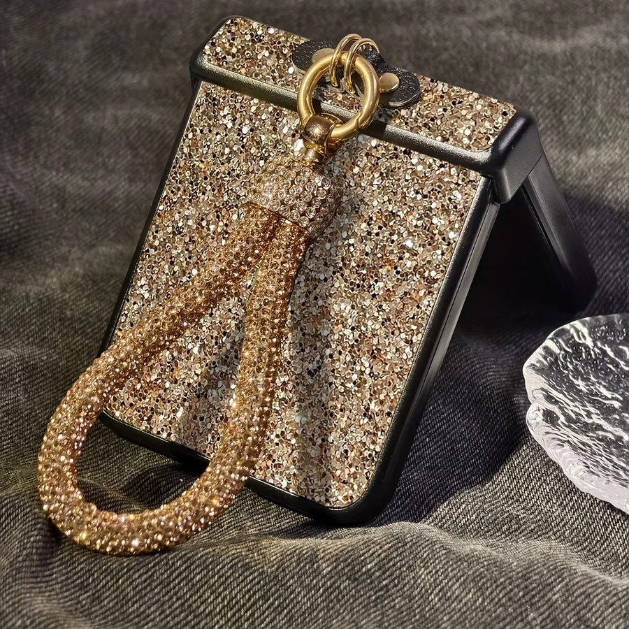Luxuriöse Glitzer-Handyhülle mit Kunstdiamanten und Armband für Samsung Galaxy Z Flip (Modelle 3, 4, 5, 6, 7, 8 und FE) in Gold, stoßfeste Hartschale - Bild 2